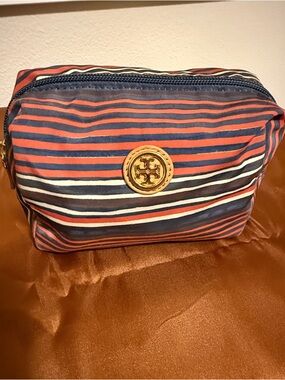 Tory Burch Striped Cosmetic Pouch in Navy, Coral and White